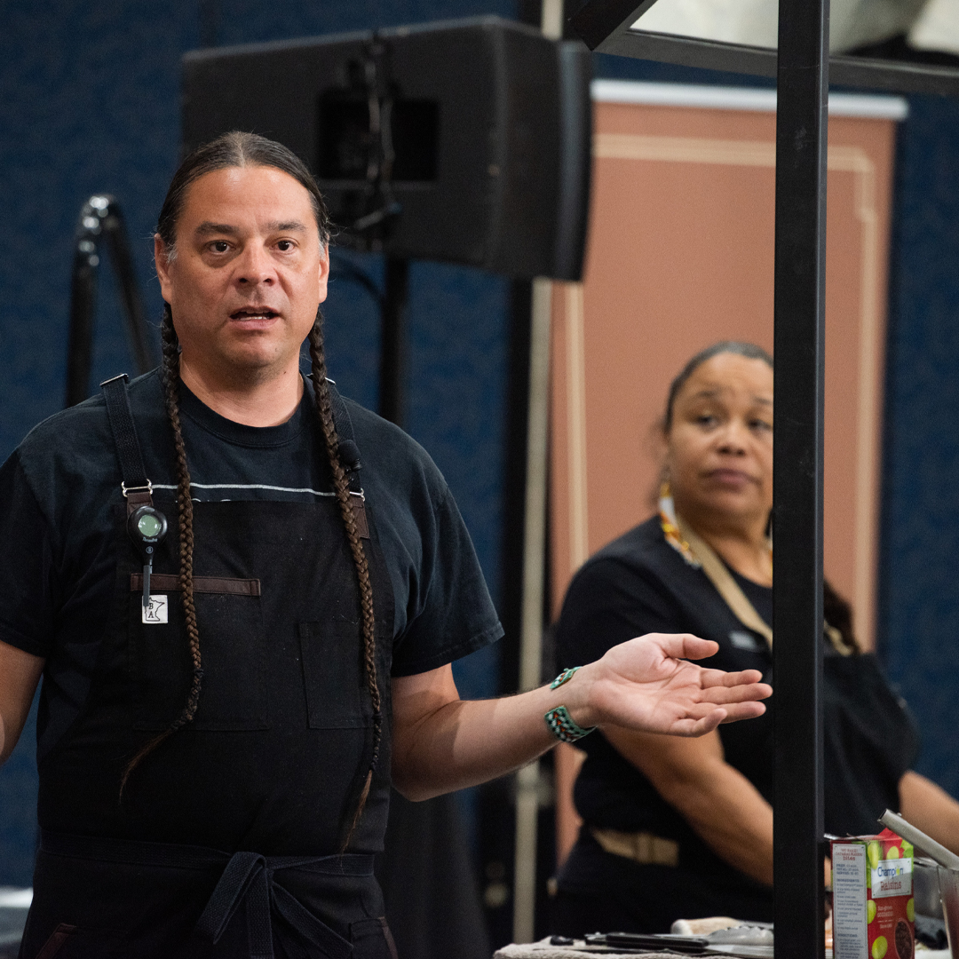 Chef Sean Sherman, Oglala Lakota, addresses the audience  during the USDA Indigenous Food Sovereignty Resources at White House Tribal Youth Forum at the U.S. Department of Health and Human Services headquarter in Washington D.C.