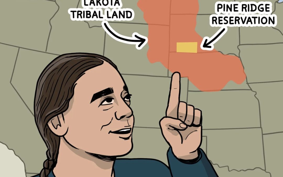 Sean Sherman pointing on a map of Lakota Tribal Land with Pine Ridge Reservation