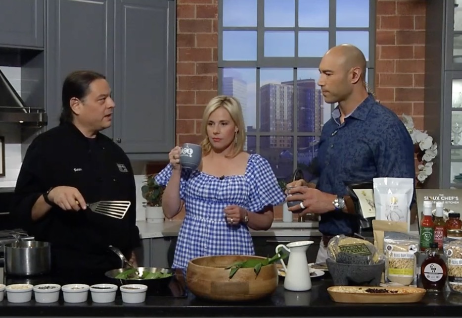 KSTP Twin Cities Live Sean Sherman interview and cooking Nixtamal Bowl with Cedar Maple Tea